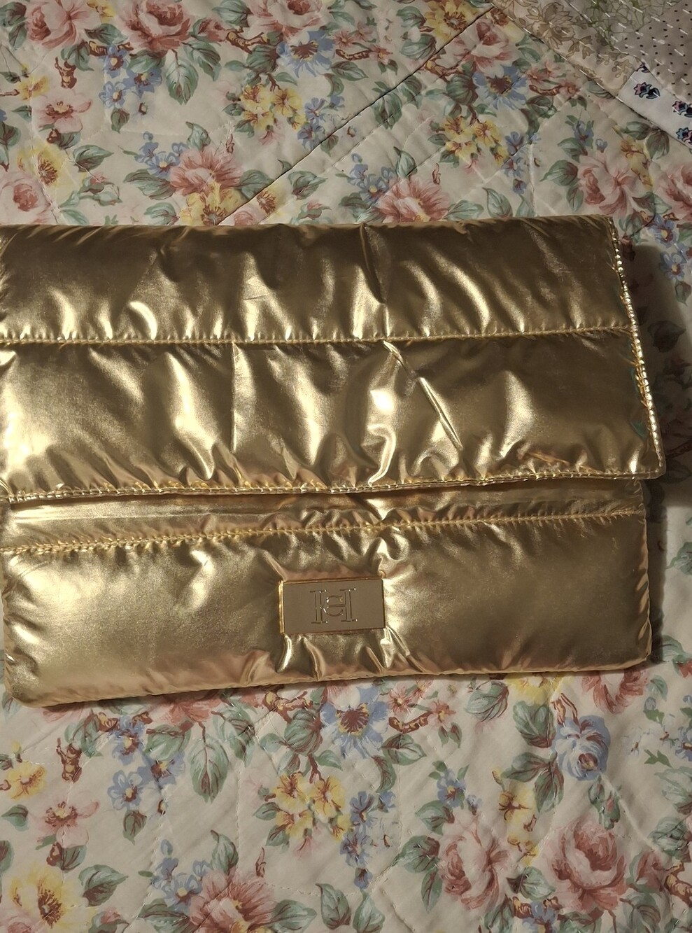 Carolina Herrera Metallic Gold Puffer Clutch Bag